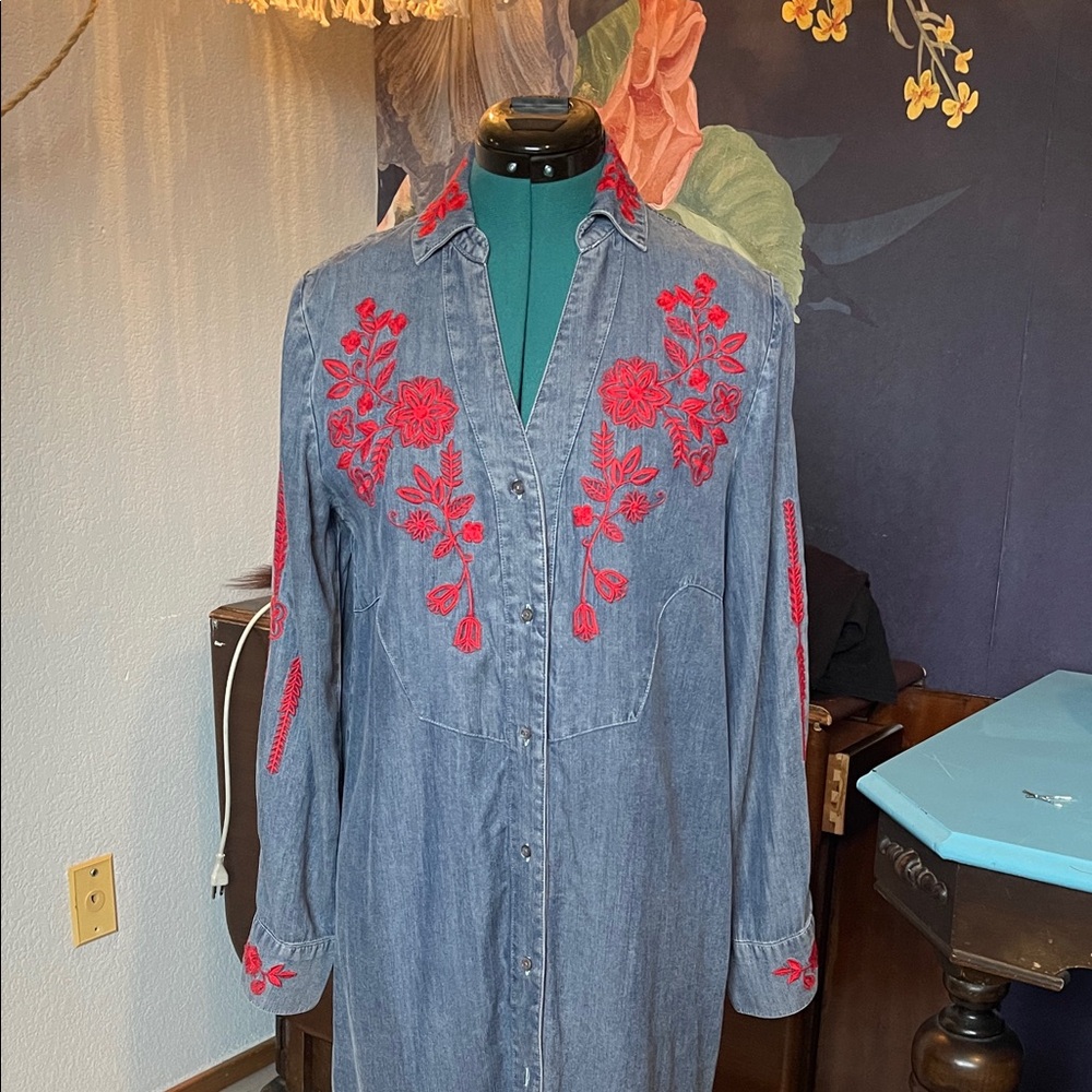 Denim Embroidered Shirt Dress with Red Floral Detail